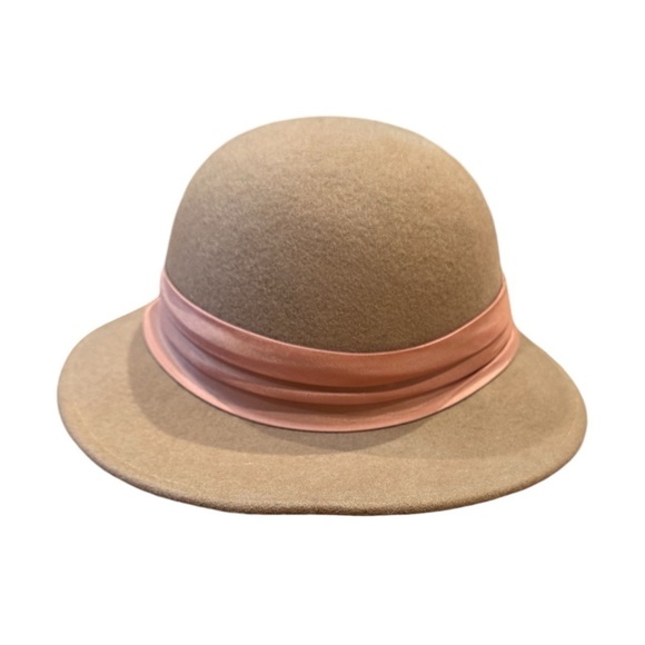 Vintage Asymmetrical Round Crown Wool Hat with Ribbon Tan - Picture 3 of 6